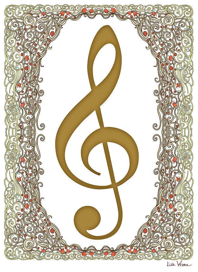 Music Digital Art - Gold Treble Clef with Gold Border by Lise Winne