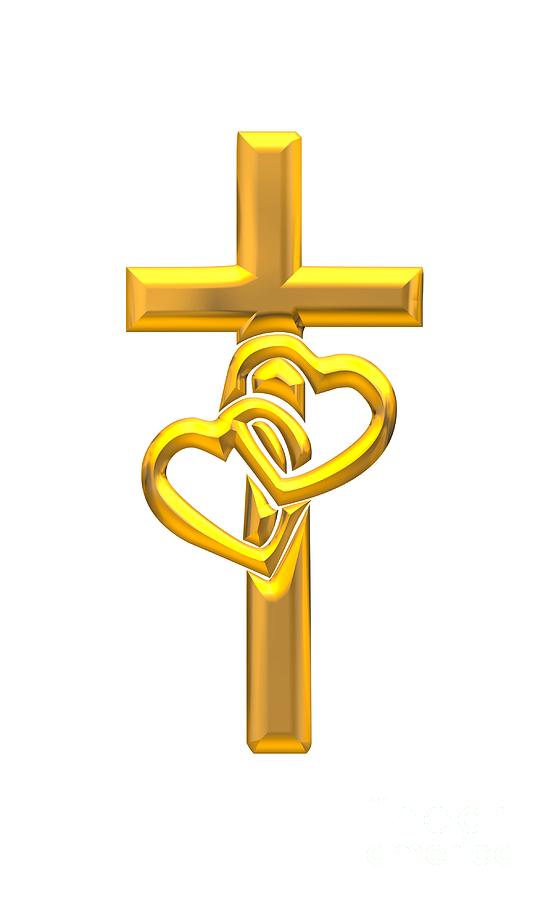 Golden 3D look Cross with 2 Hearts Digital Art by Rose Santuci-Sofranko