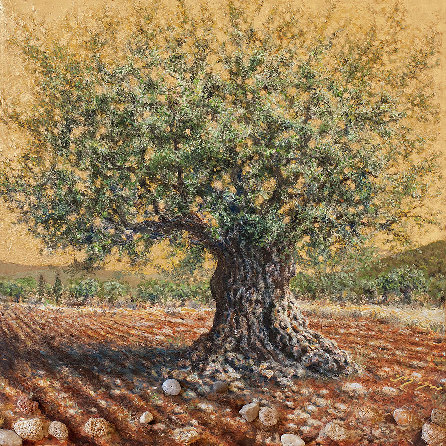 Golden ancient olive tree Painting by Miki Karni