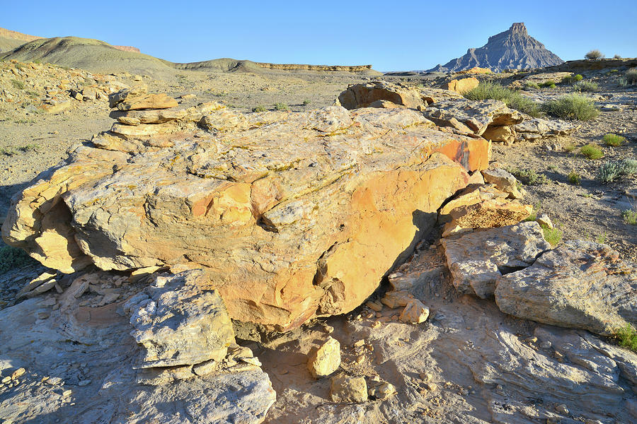 Golden Boulder and Factory Butte Photograph by Ray Mathis