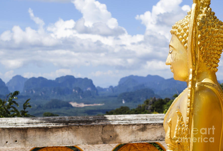 Golden Buddha Statue on the top of the mountain Digital Art by Perry Van Munster