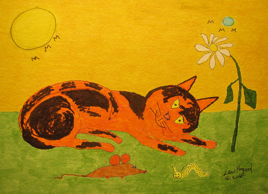 Golden cat reclining Painting by Lew Hagood