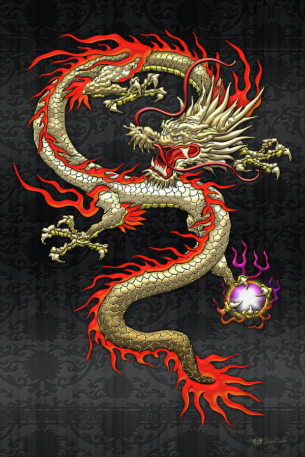 Chinese Dragons Digital Art - Golden Chinese Dragon Fucanglong on Black Silk by Serge Averbukh