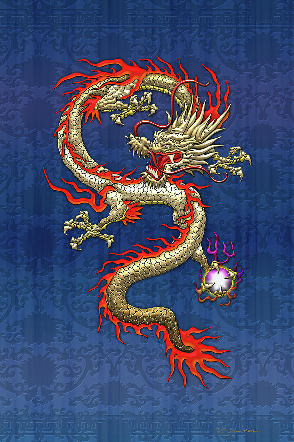 Golden Chinese Dragon Fucanglong on Blue Silk  Digital Art by Serge Averbukh