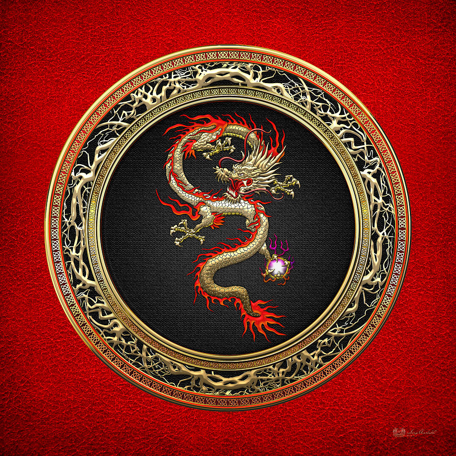 Chinese Dragons Photograph - Golden Chinese Dragon Fucanglong on Red Leather  by Serge Averbukh