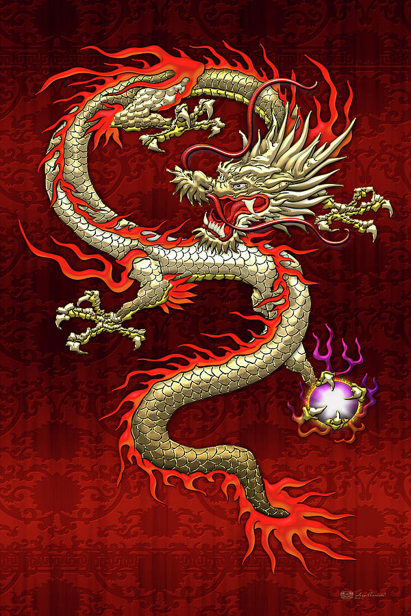 Golden Chinese Dragon Fucanglong on Red Silk Digital Art by Serge Averbukh