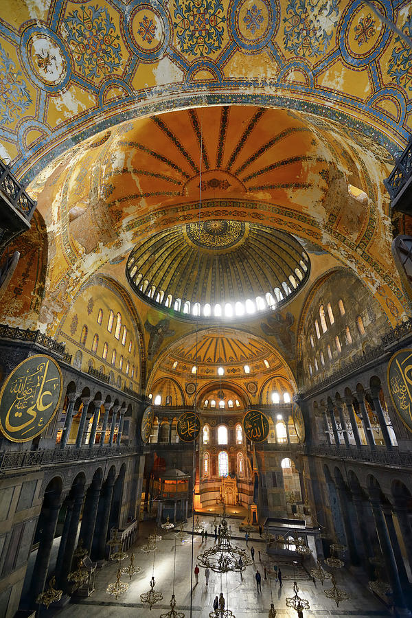 Byzantine Photograph - Golden domes frescoe and crooked Qiblah wall inside the Hagia So by Reimar Gaertner