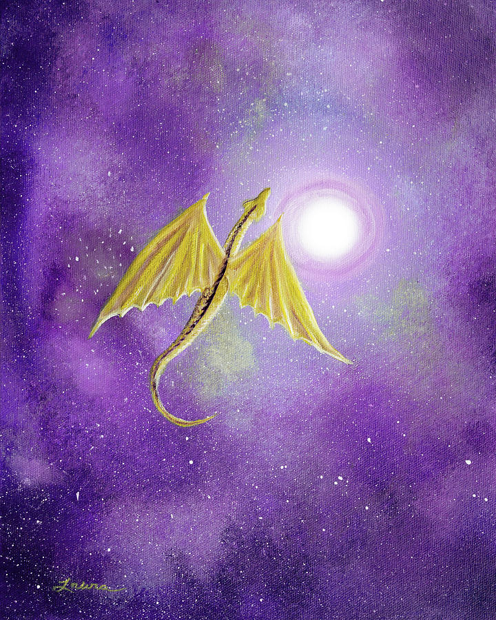 Golden Dragon Soaring in Purple Cosmos Painting by Laura Iverson
