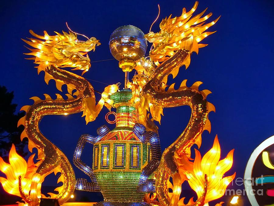 Golden Dragons playing with Silver Ball Chinese Lantern Photograph by Lingfai Leung