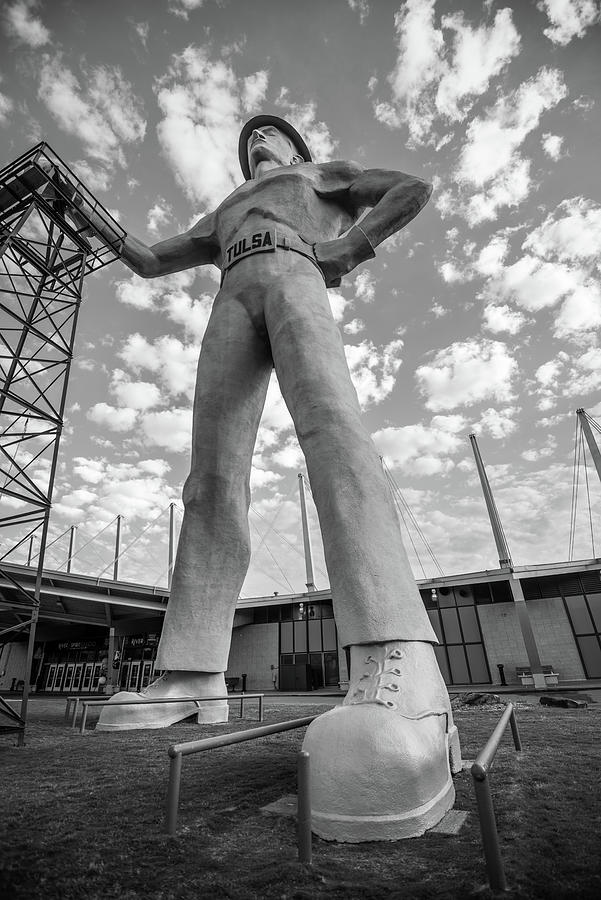 Golden Driller Statue - Tulsa Oklahoma - Black and White Photograph by Gregory Ballos