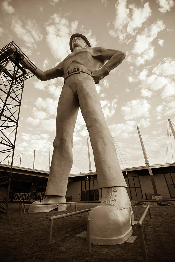 Golden Driller Statue - Tulsa Oklahoma - Sepia Photograph by Gregory Ballos