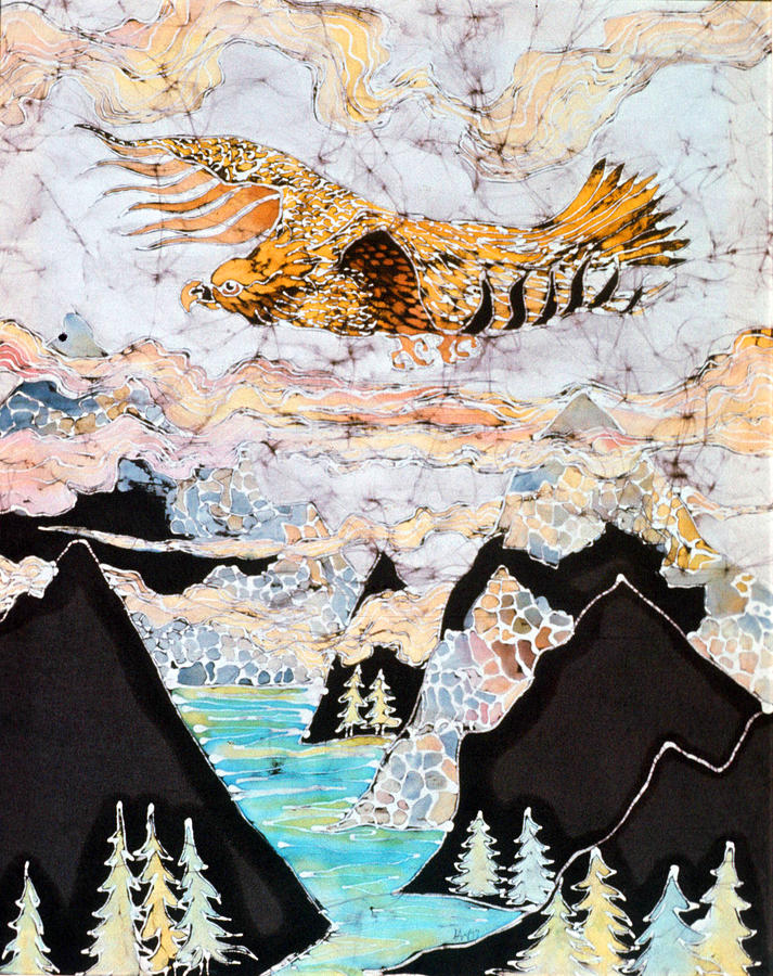 Golden Eagle Flies Above Clouds and Mountains Tapestry - Textile by Carol  Law Conklin