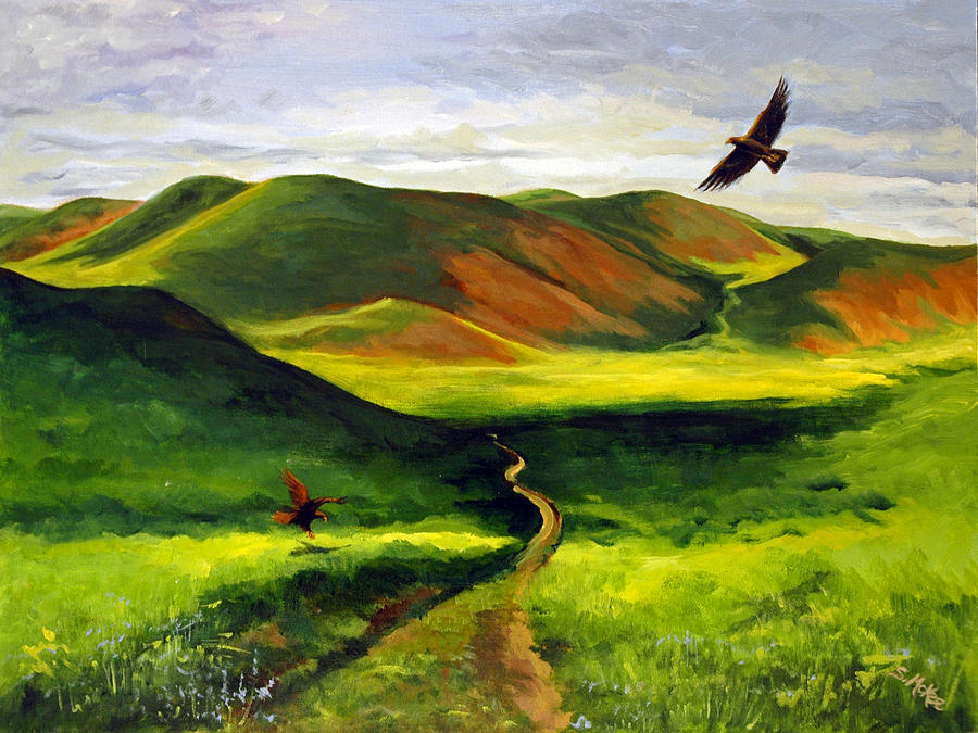 Golden Eagles on Green Grassland Painting by Suzanne McKee