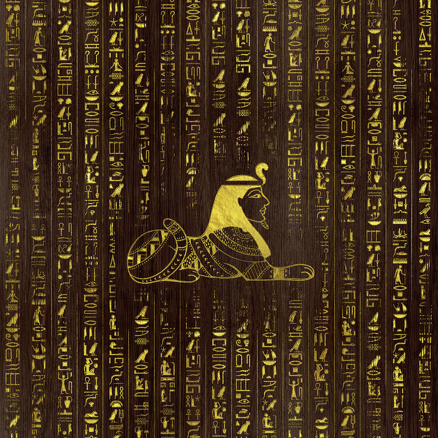 Golden Egyptian Sphinx And Hieroglyphics On Wood Digital Art By Creativemotions