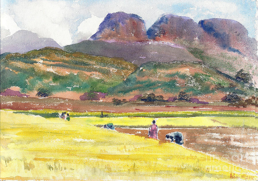 Golden fields and the mountains Painting by Asha Sudhaker Shenoy