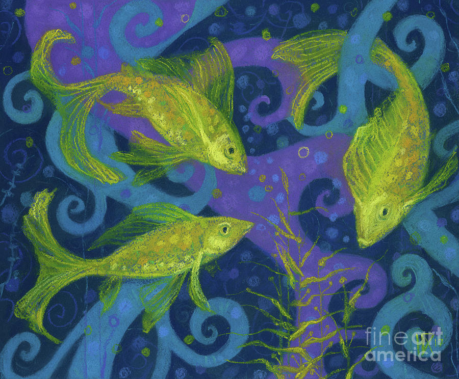 Golden Fish, Pastel Painting, Blue Purple Yellow Painting by Julia Khoroshikh