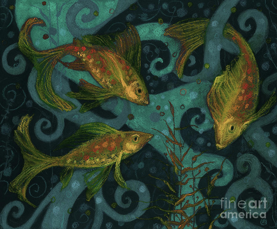 Golden Fishes, underwater creatures, black, teal and yellow Mixed Media by Julia Khoroshikh