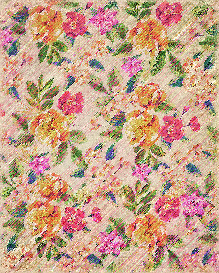 Golden Flitch Digital Vintage Retro  Glitched Pastel Flowers  Floral Design Pattern Digital Art