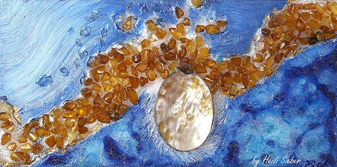 Golden flow amber and pearl Glass Art by Heidi Sieber