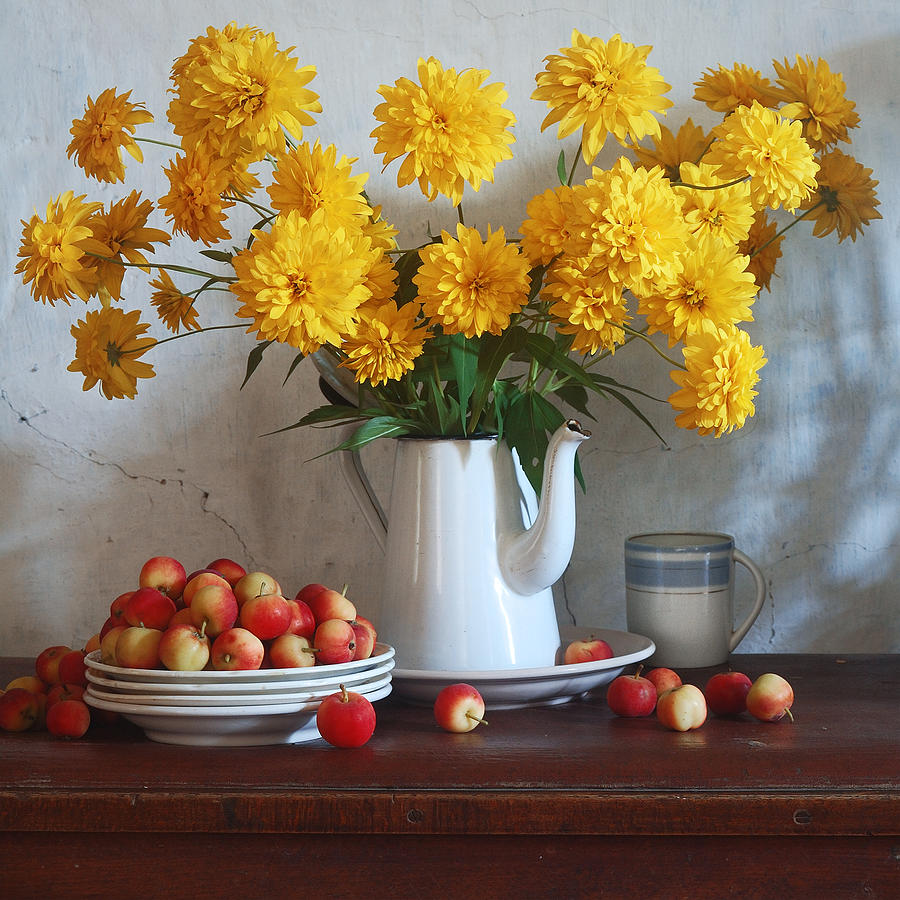 Still Life Photograph - Golden Flowers and Paradise Apples by Nikolay Panov
