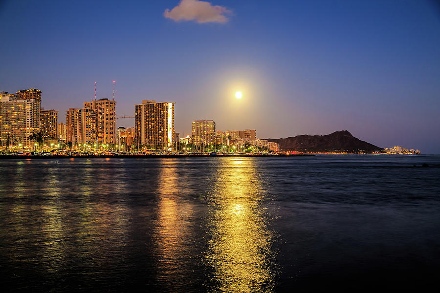 Golden Full Moon With Reflections Over Diamond Head, Waikiki, Hawaii