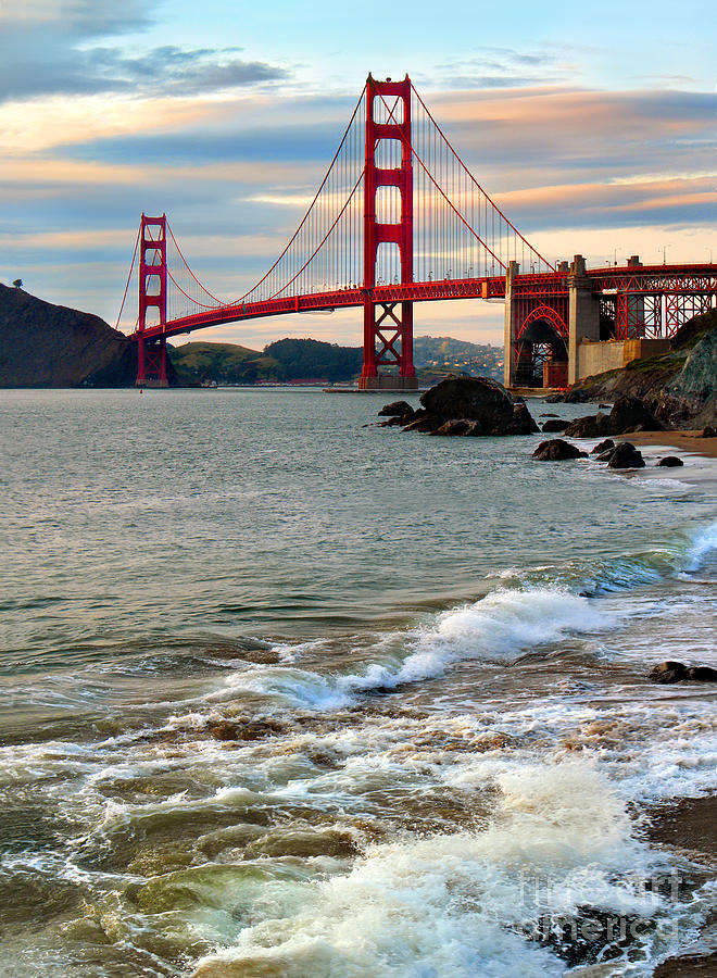Golden Gate Bridge and the Pacific Ocean at Sunset with Waves Photograph by Wernher Krutein