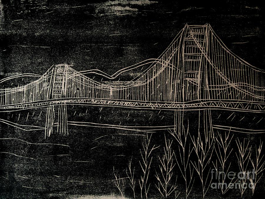 Golden Gate Bridge Black and White Woodcut Print  Mixed Media by Marina McLain