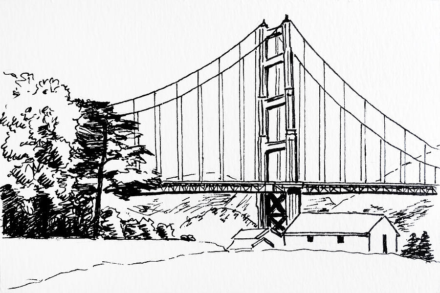Golden Gate Bridge black-n-white Drawing by Masha Batkova