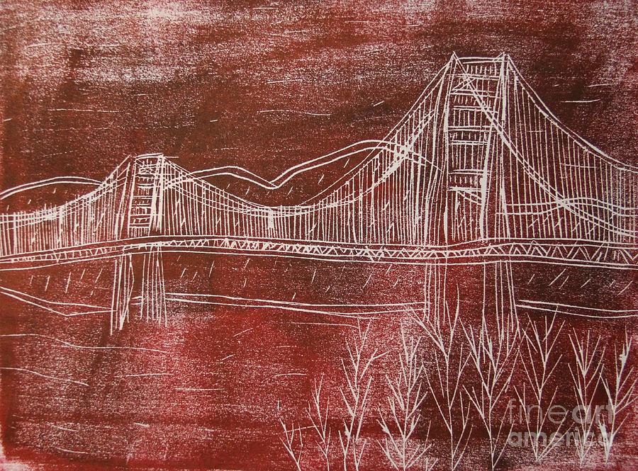 Golden Gate Bridge Red Woodcut Print  Mixed Media by Marina McLain