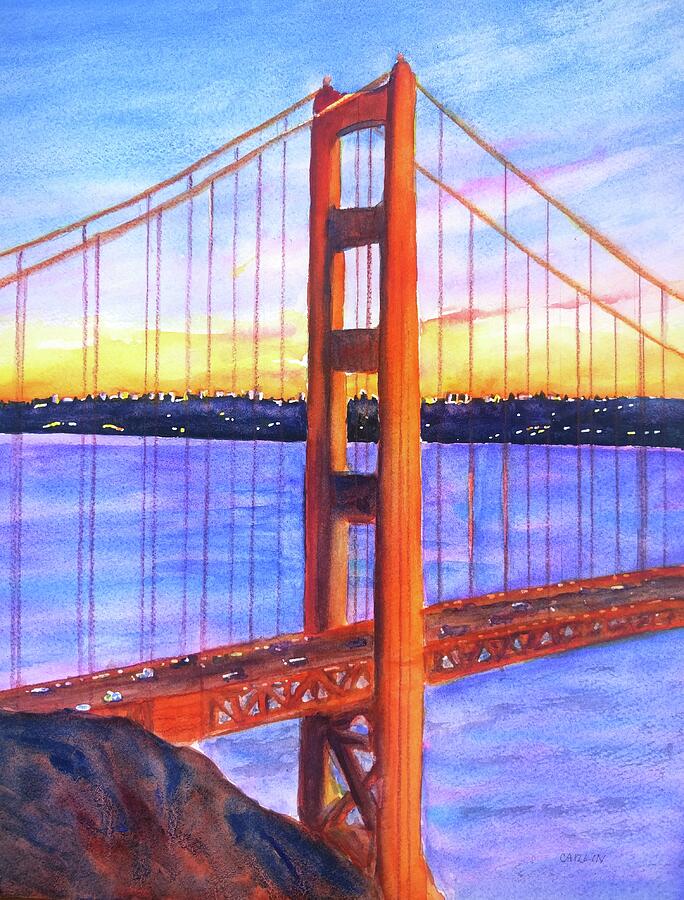 Golden Gate Bridge Tower Sunset Painting by Carlin Blahnik CarlinArtWatercolor
