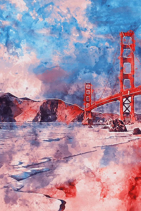 Golden Gate Bridge Painting - Golden Gate Bridge - Watercolor 02 by AM FineArtPrints