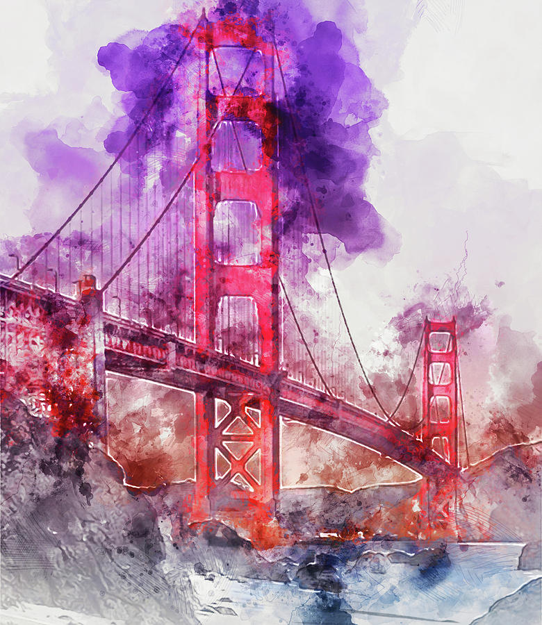 Golden Gate Bridge Painting - Golden Gate Bridge - Watercolor 03 by AM FineArtPrints