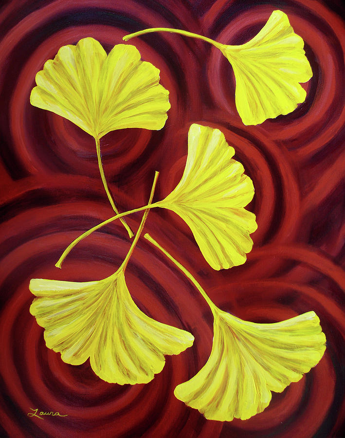 Golden Ginkgo Leaves on Burgundy Painting by Laura Iverson