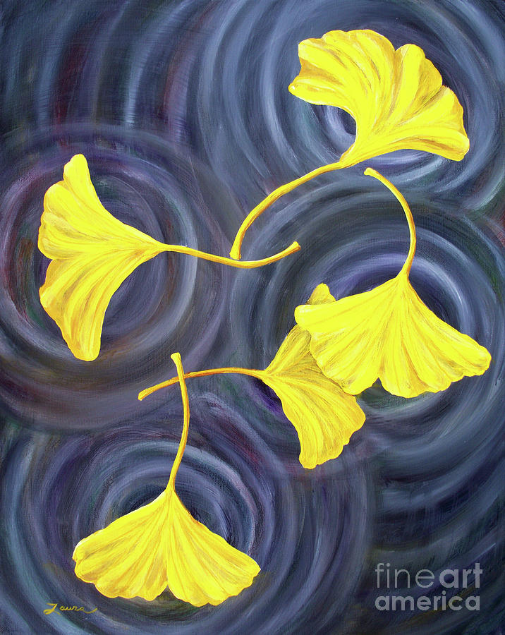 Abstract Painting - Golden Ginkgo Leaves on Gray  by Laura Iverson
