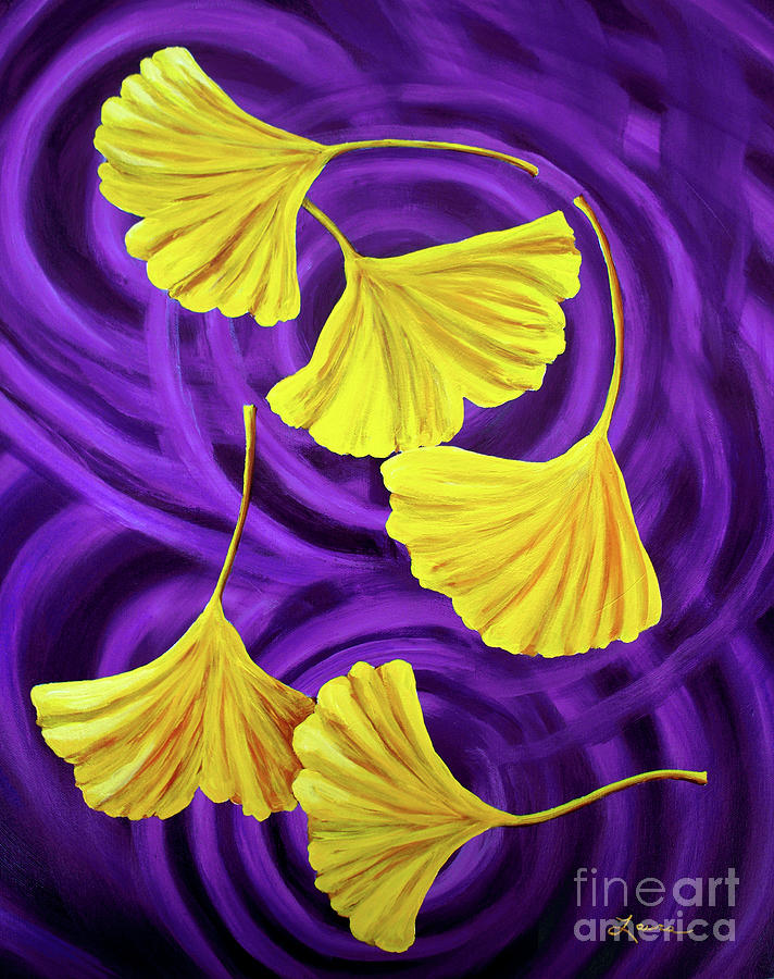 Golden Ginkgo Leaves on Purple Painting by Laura Iverson