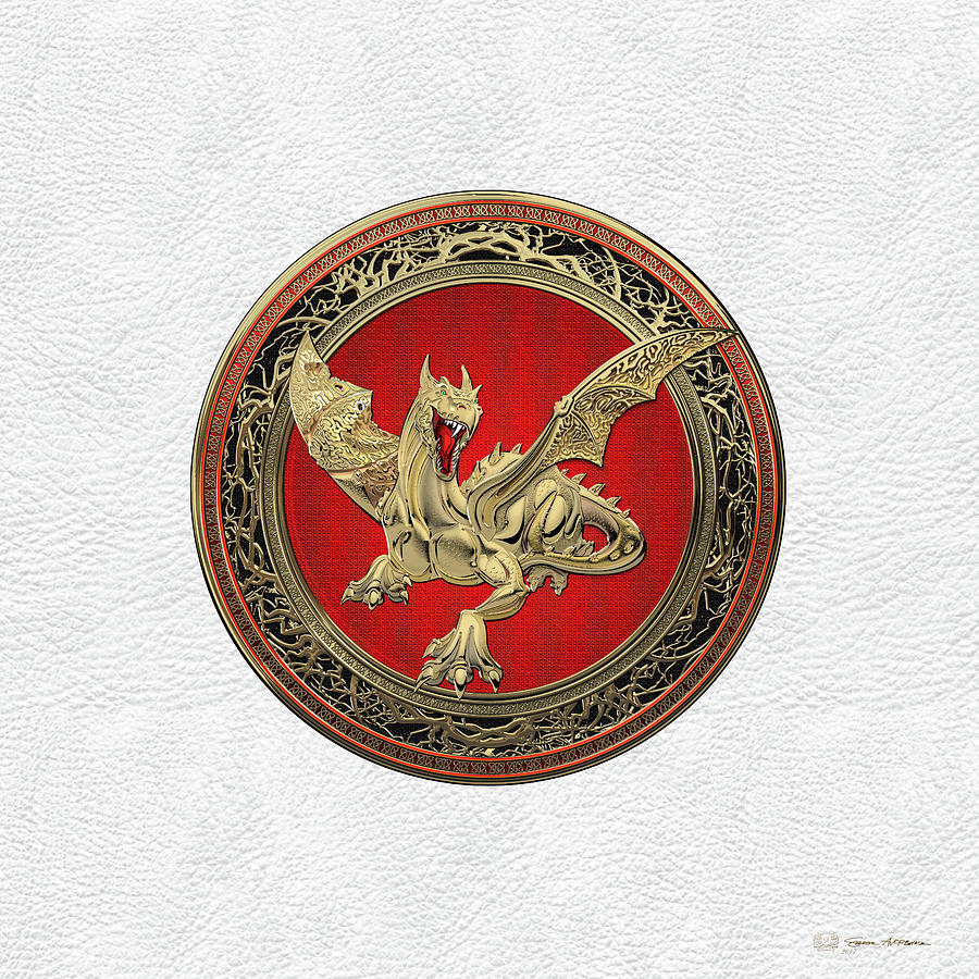 Golden Guardian Dragon over White Leather Digital Art by Serge Averbukh