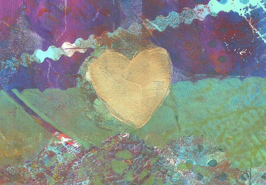 Golden Heart Monoprint Painting by Cynthia Westbrook
