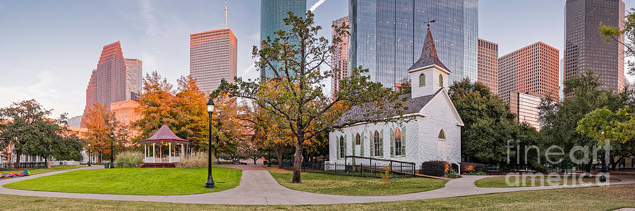 Golden Hour Fall Panorama of Downtown Houston and St. John Church at Sam Houston Park - Texas Photograph by Silvio Ligutti