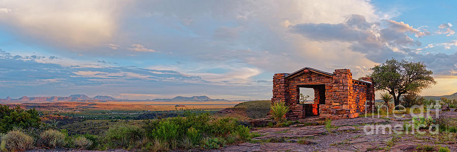 Golden Hour Panorama of Davis Mountains State Park Rock Shelter Pavilion and Fort Davis - West Texas Photograph by Silvio Ligutti