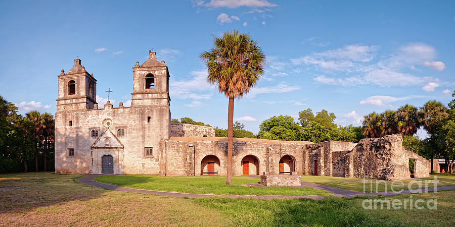 Golden Hour Panorama of Mission Concepcion - San Antonio Missions National HIstorical Park - Texas Photograph by Silvio Ligutti