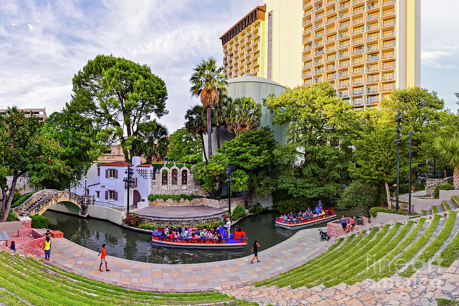 Golden Hour Shot of Arneson River Theatre at La Villita San Antonio Riverwalk - Bexar County Texas Photograph by Silvio Ligutti