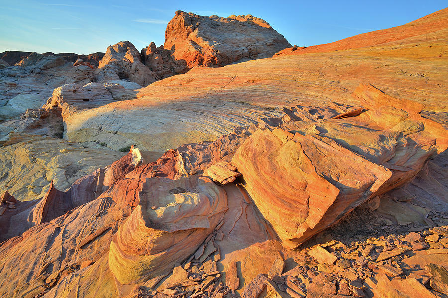 Golden Light on Sandstone Slopes in Valley of Fire at Sunrise Photograph by Ray Mathis