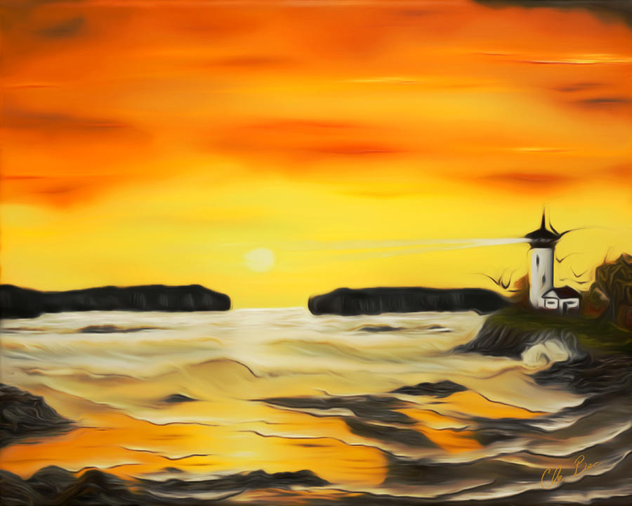 Golden Lighthouse Sunset Dreamy Mirage Painting by Claude Beaulac