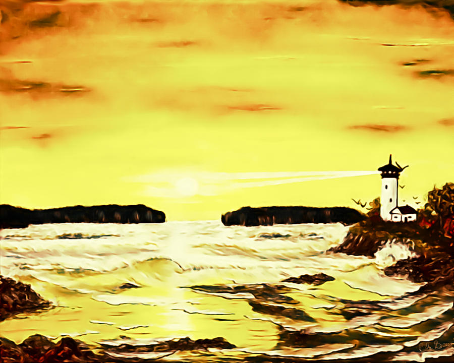 Golden Lighthouse Sunset - Elegance With Oil Painting by Claude Beaulac