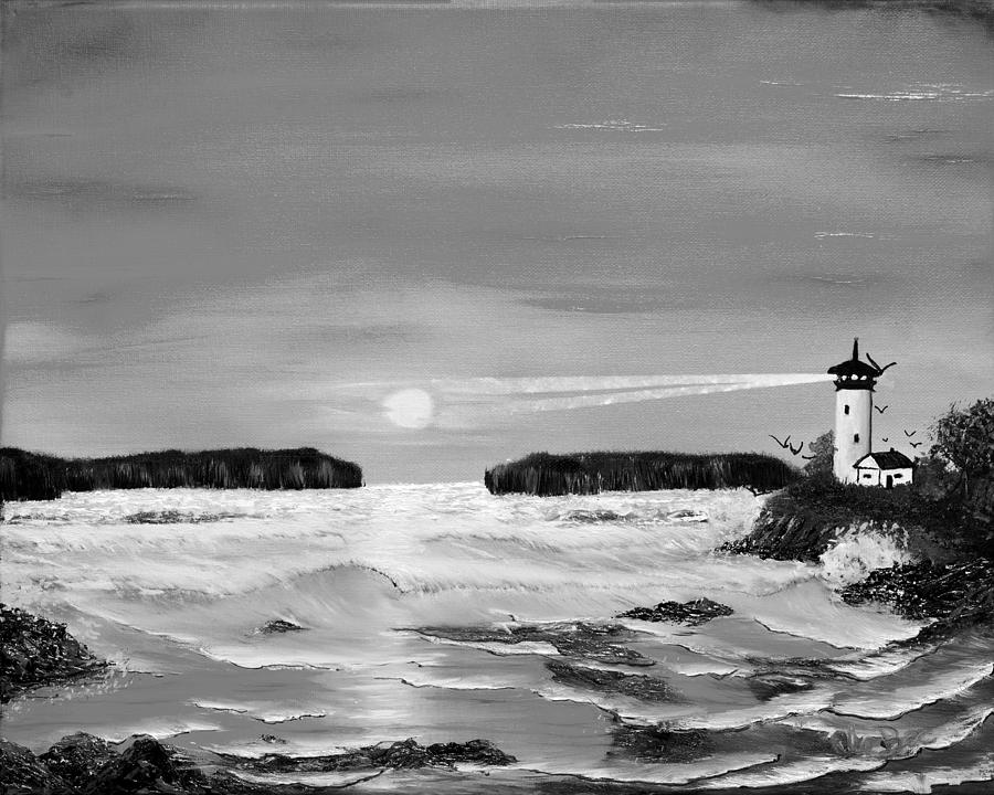 Golden Lighthouse Sunset In Black And White Painting by Claude Beaulac