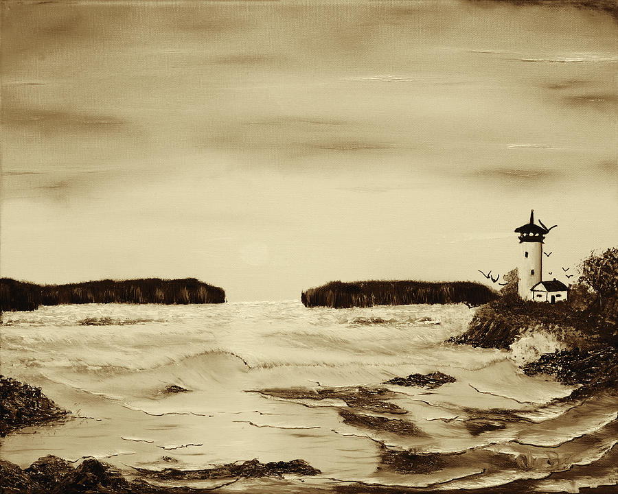 Golden Lighthouse Sunset - Sepia Painting by Claude Beaulac