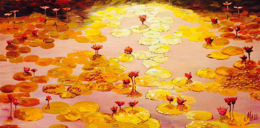 Lotus Painting - Golden Lotus Pond by Masha Schultz Lotus Painting - Golden Lotus Pond by Masha Schultz