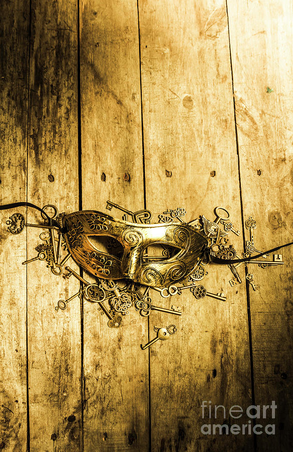 Fantasy Photograph - Golden masquerade mask with keys by Jorgo Photography