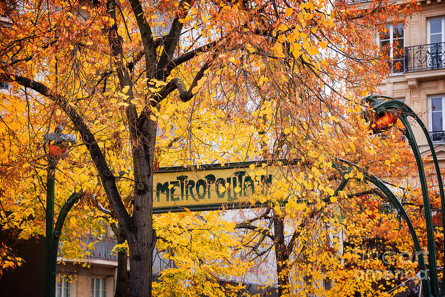 Golden Metropolitain sign, fall in Paris Photograph by Delphimages Photo Creations Paris