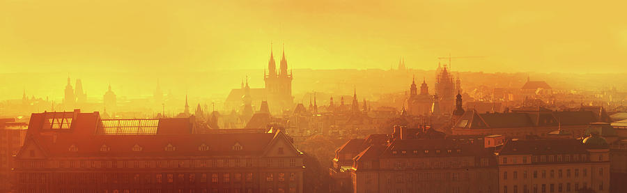 Architecture Photograph - Golden Misty Prague Panorama by Jenny Rainbow